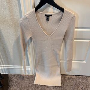 Forever 21 Beige Ribbed V-Neck Sweater Mini Dress